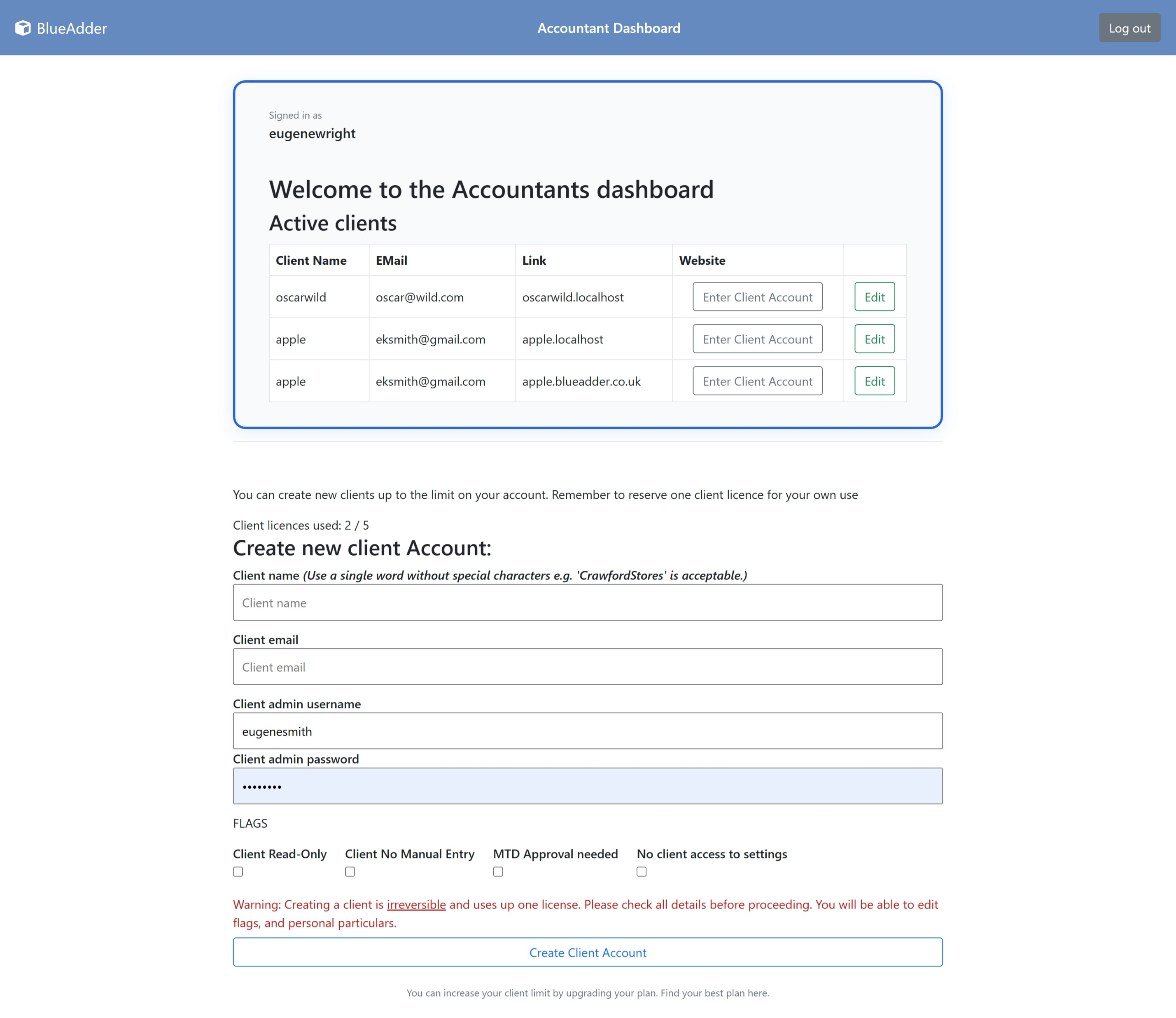 BlueAdder accountant dashboard